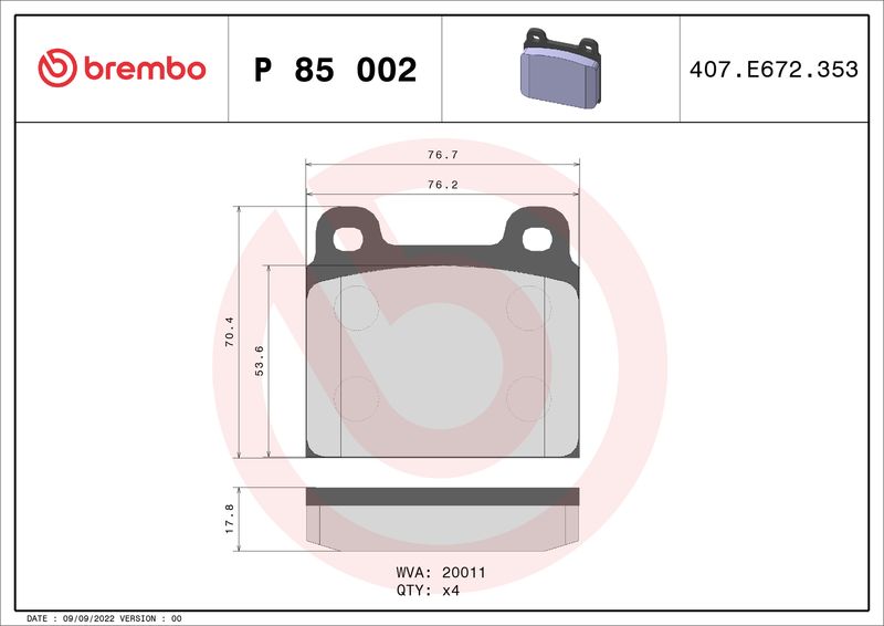 Bremsbelagsatz, Scheibenbremse BREMBO P 85 002