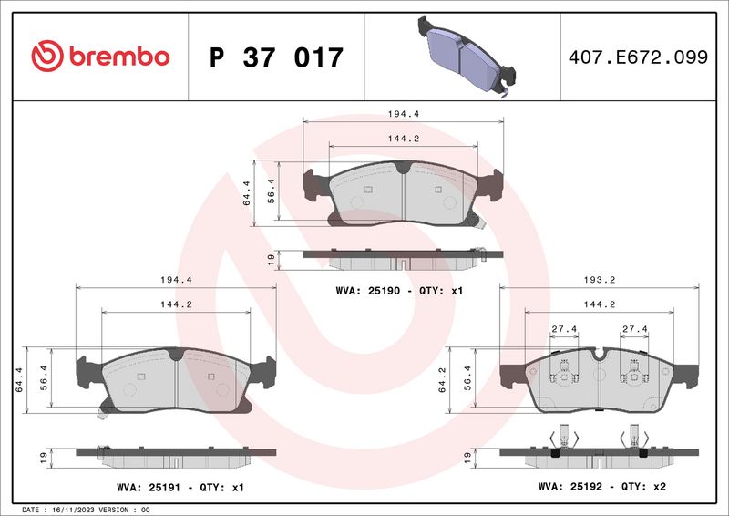 Bremsbelagsatz, Scheibenbremse BREMBO P 37 017X