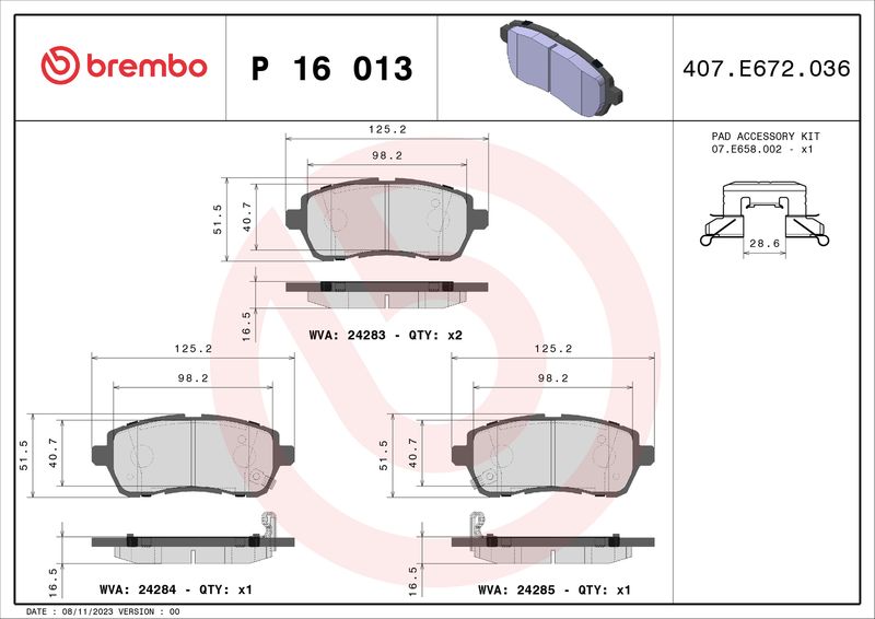 Bremsbelagsatz, Scheibenbremse BREMBO P 16 013X
