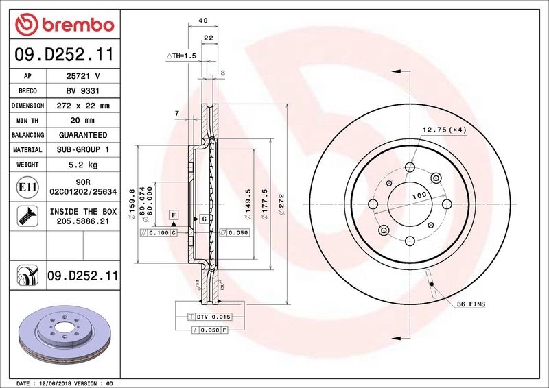 Bremsscheibe BREMBO 09.D252.21
