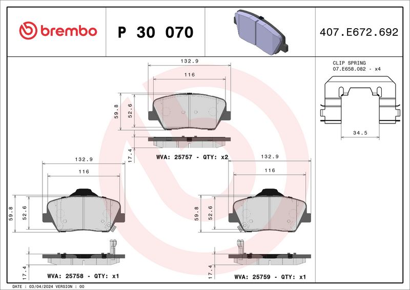 Bremsbelagsatz, Scheibenbremse BREMBO P 30 070X