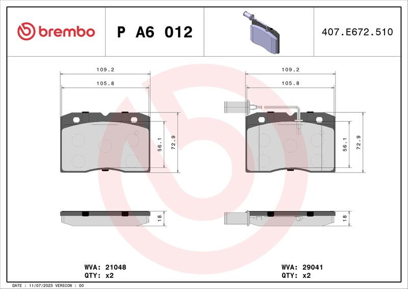 Bremsbelagsatz, Scheibenbremse BREMBO P A6 012