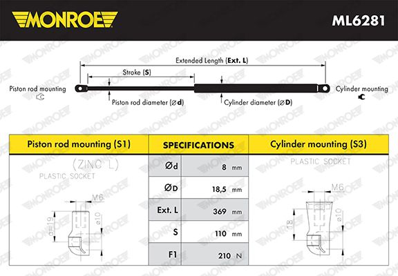 Gasfeder, Motorhaube MONROE ML6281