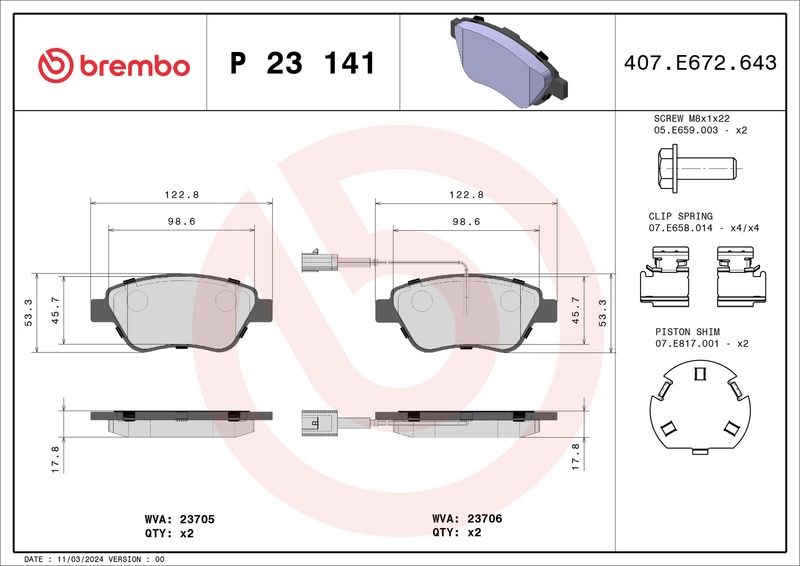 Bremsbelagsatz, Scheibenbremse BREMBO P 23 141X