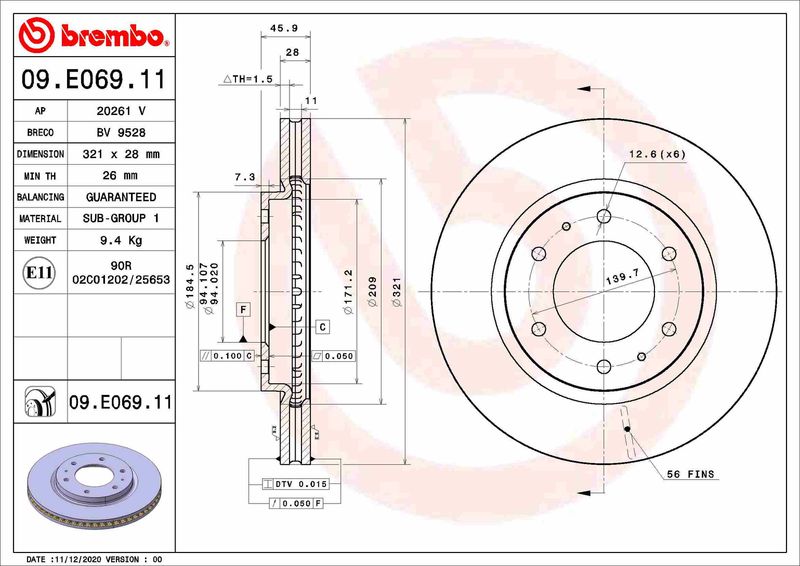 Bremsscheibe BREMBO 09.E069.11