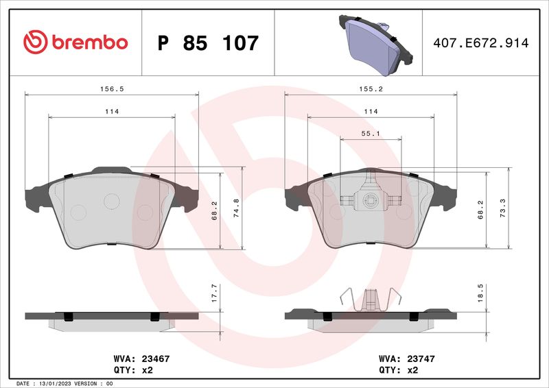 Bremsbelagsatz, Scheibenbremse BREMBO P 85 107