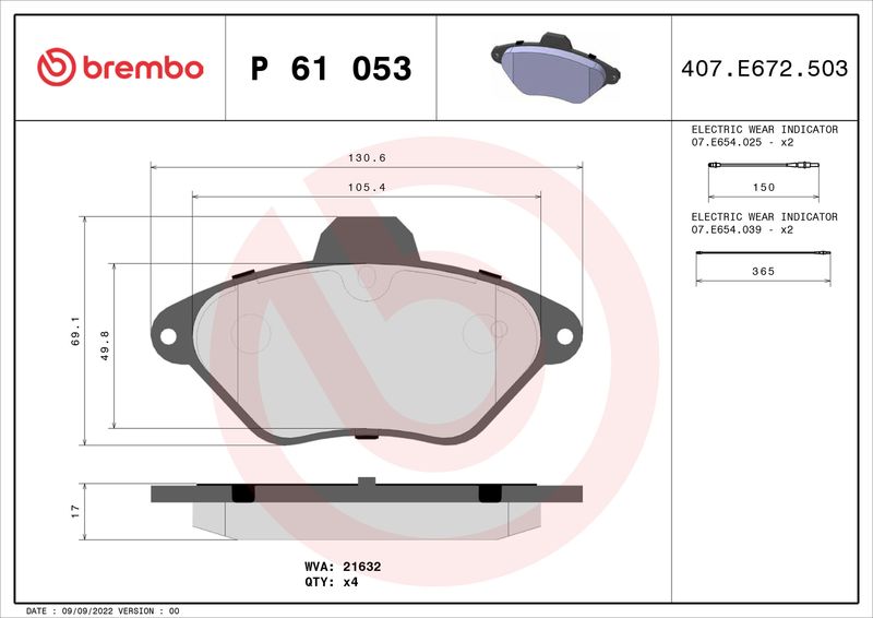 Bremsbelagsatz, Scheibenbremse BREMBO P 61 053