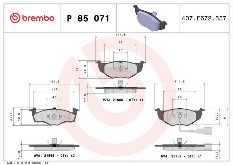 Bremsbelagsatz, Scheibenbremse BREMBO P 85 071