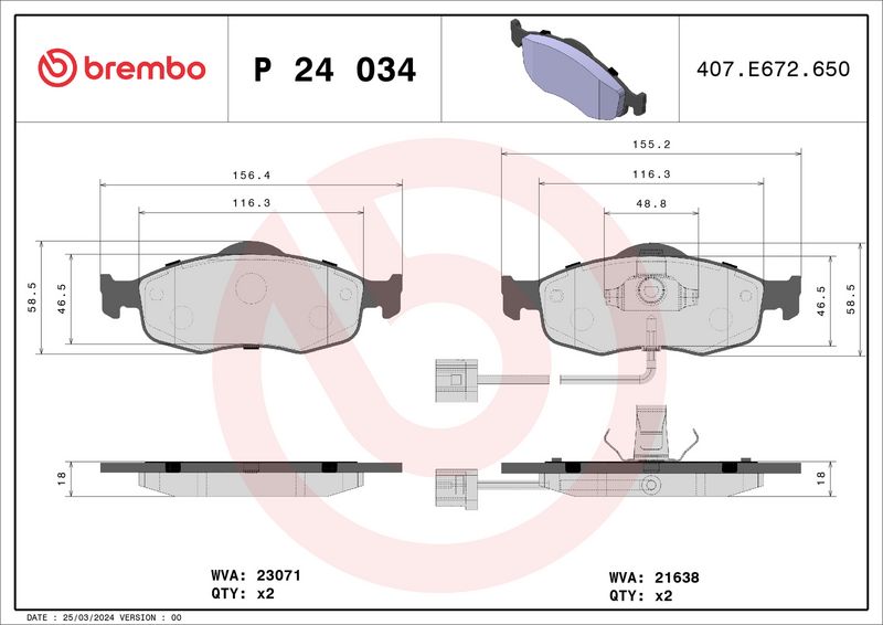 Bremsbelagsatz, Scheibenbremse BREMBO P 24 034