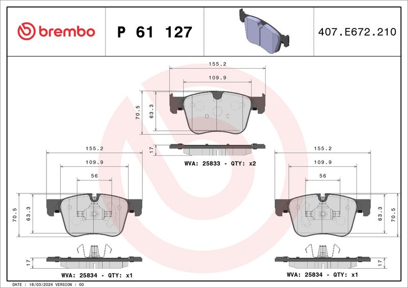 Bremsbelagsatz, Scheibenbremse BREMBO P 61 127X